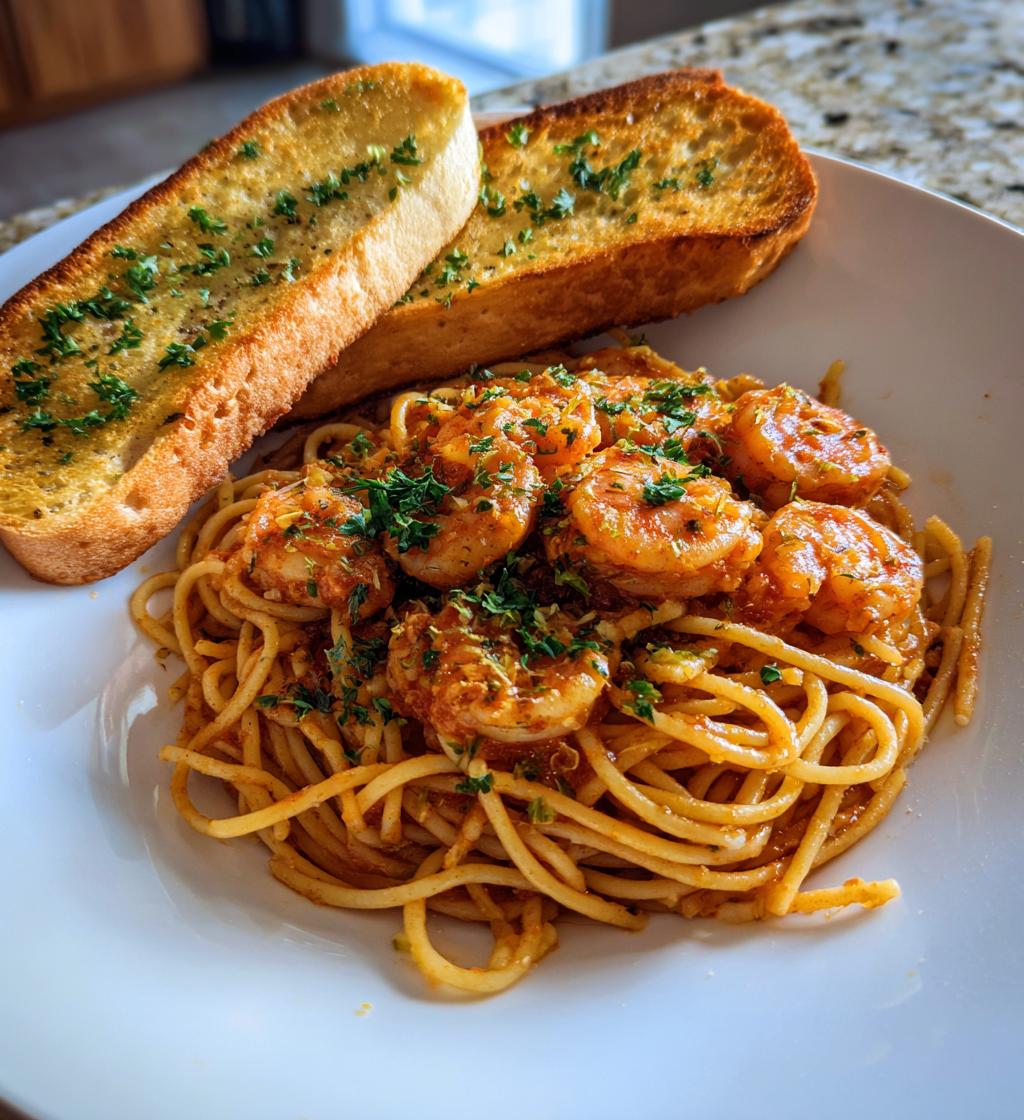 Cajun-Garnelen-Pasta mit Knoblauchbrot