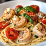 Cremige Garnelen-Pasta mit Tomaten und Basilikum