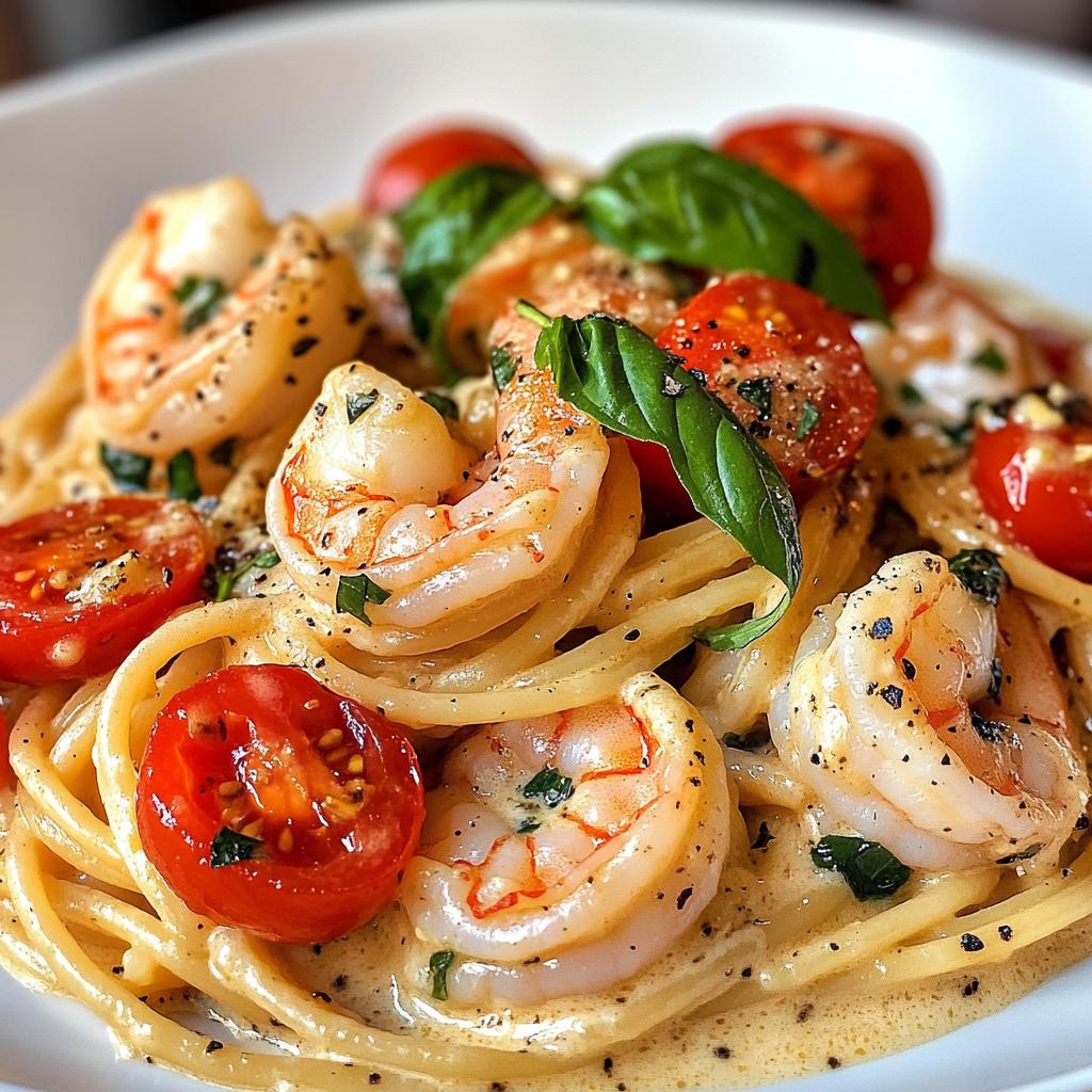 Cremige Garnelen-Pasta mit Tomaten und Basilikum