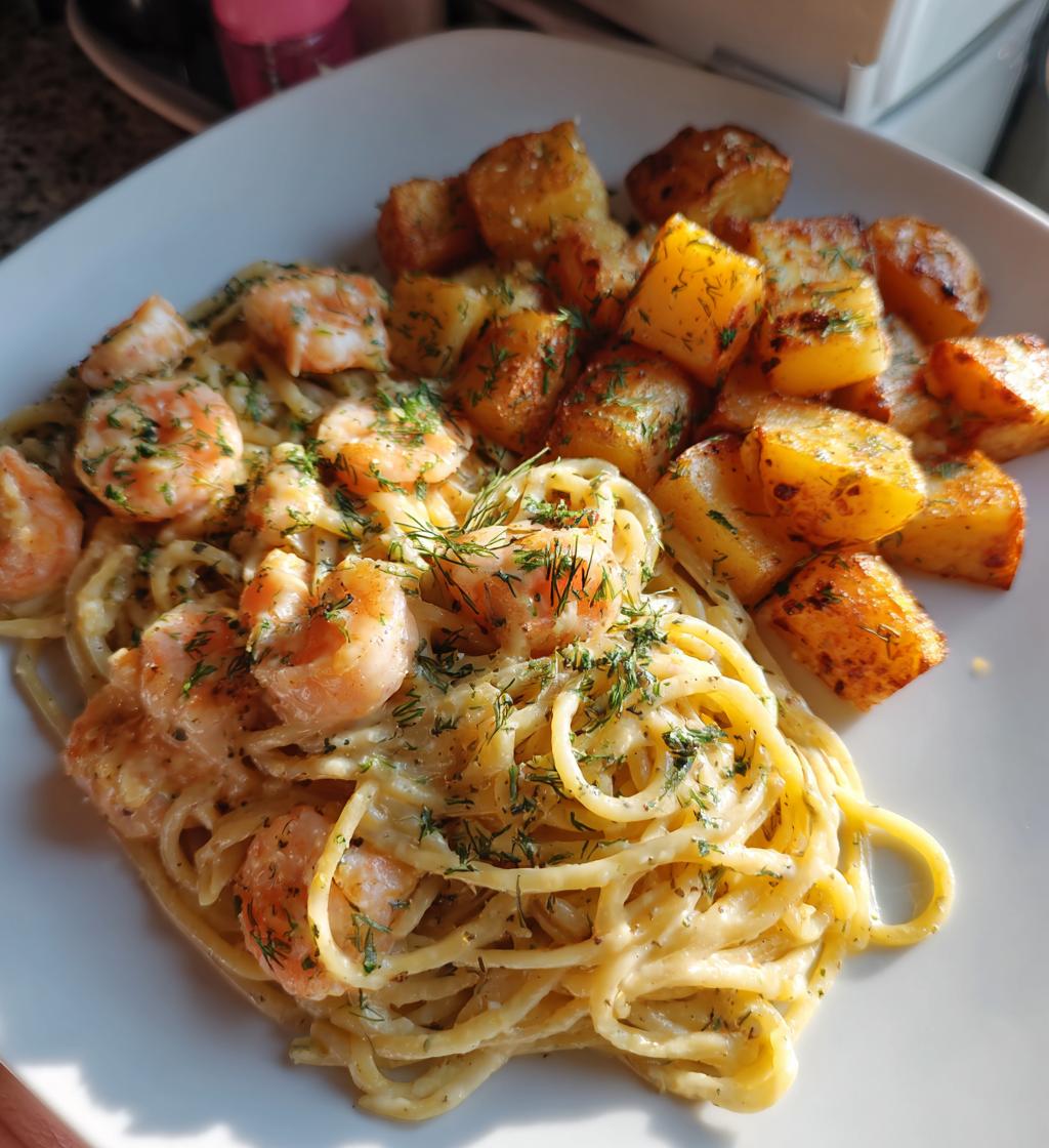 Cremige Lachs-Garnelen-Pasta mit Kräuterkartoffeln