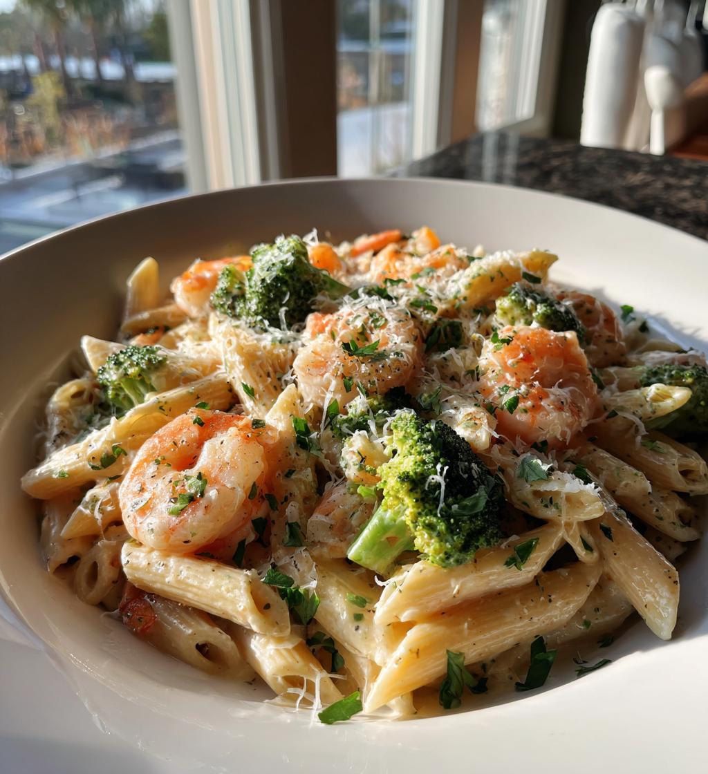 Cremige Pasta mit Garnelen und Brokkoli