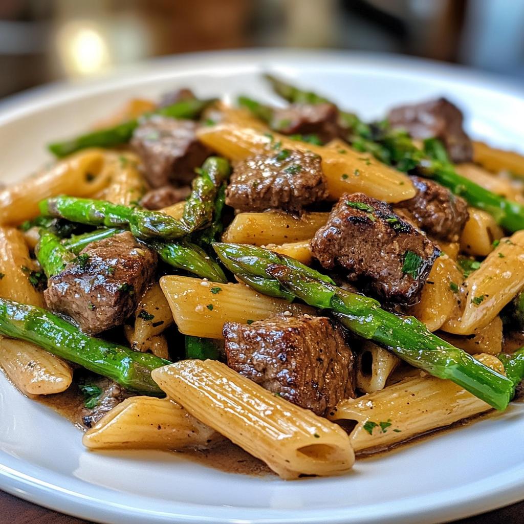Cremige Rindfleischpasta mit gegrilltem Spargel