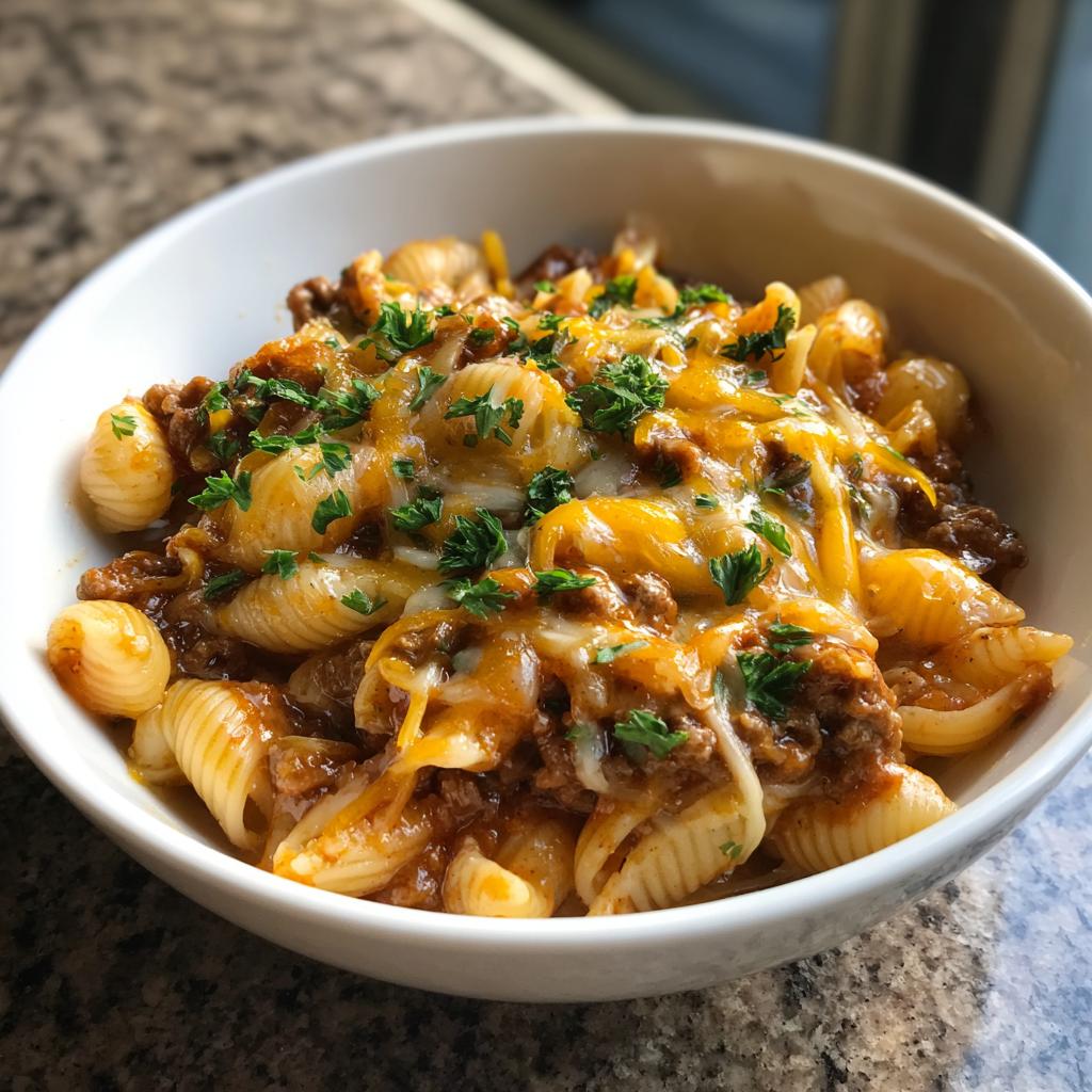 Cremiger Rindergulasch mit Hörnchennudeln und Cheddar