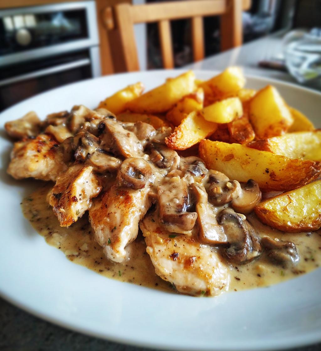 Cremiges Pilz-Hähnchen mit knusprigen Kartoffeln