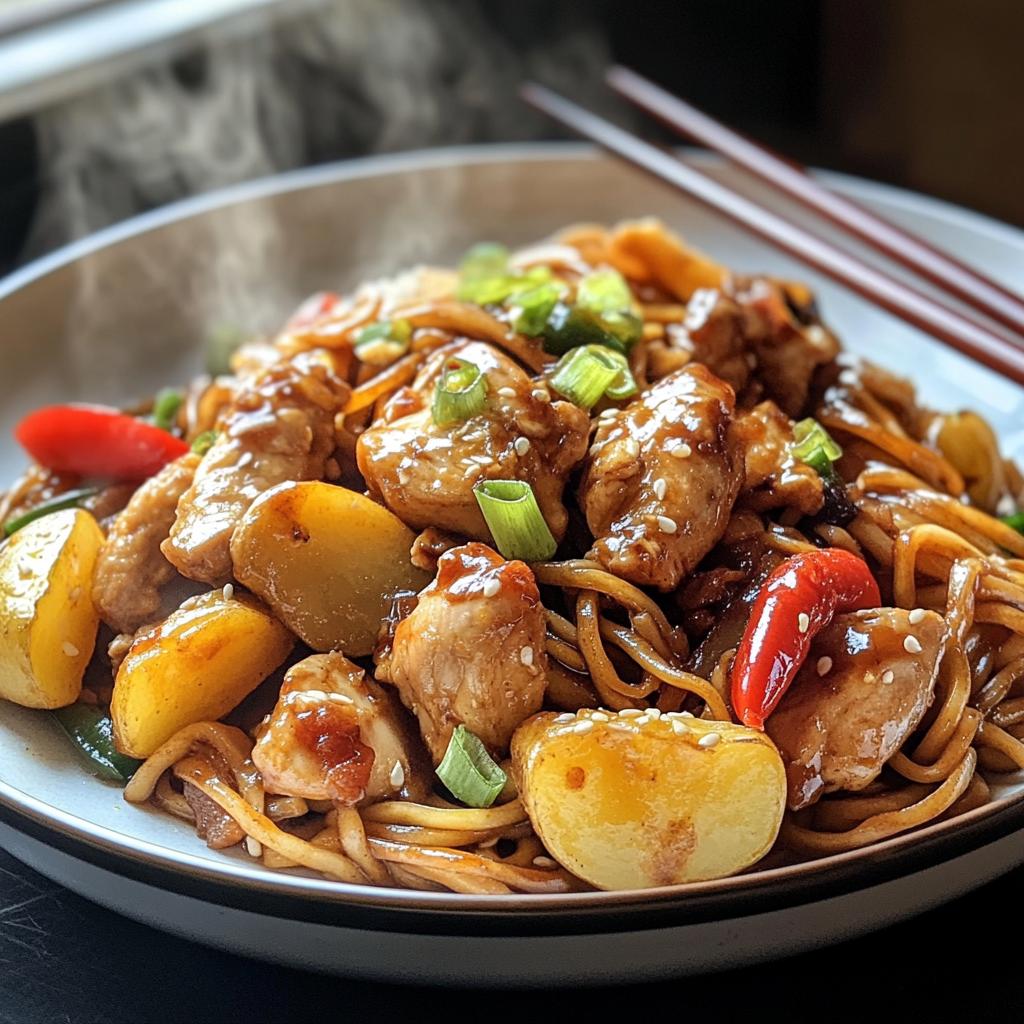 Einfaches Hähnchen-Lo-Mein mit knusprigen Kartoffeln