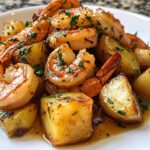 Gebratene Garnelen mit Knoblauch und Butter über Kartoffelwürfeln