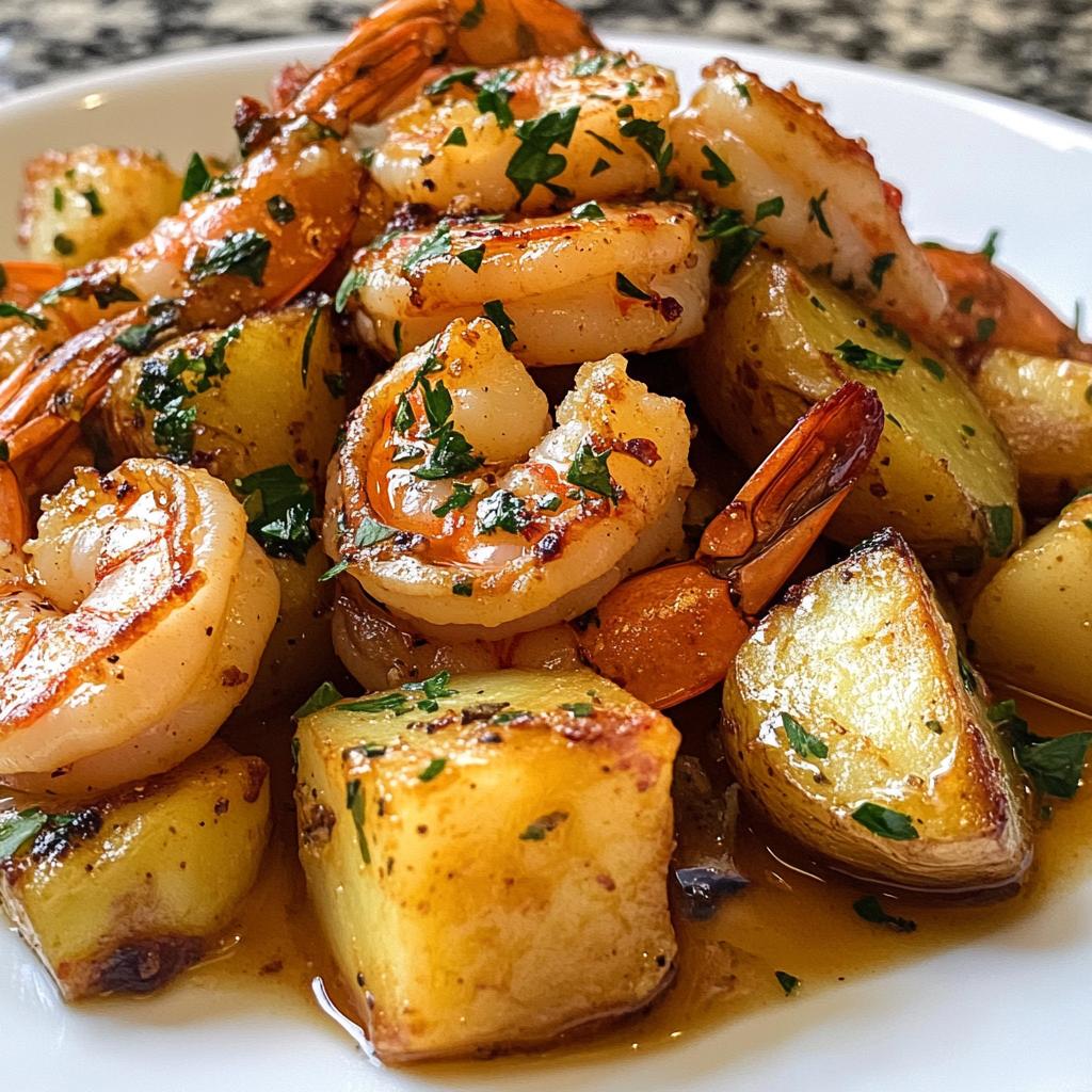 Gebratene Garnelen mit Knoblauch und Butter über Kartoffelwürfeln