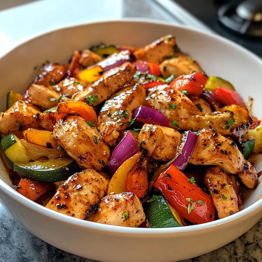 Gebratenes Gemüse mit Hähnchen und Honig-Senf-Dressing