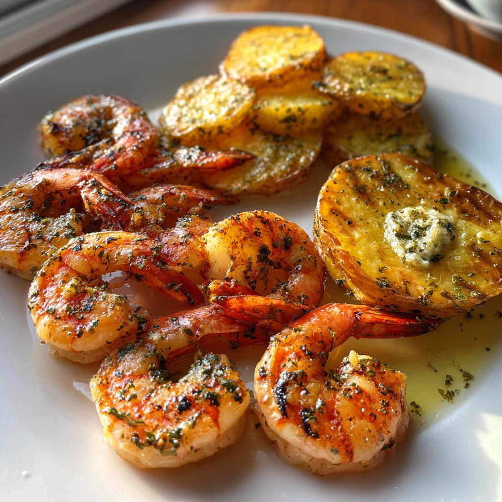 Gegrillte Garnelen mit Kräuterbutter und Kartoffelscheiben