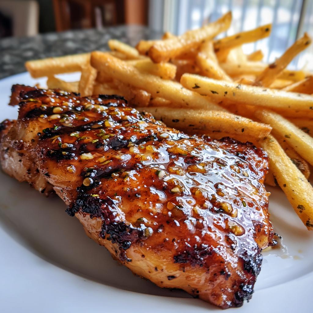 Gegrilltes Hähnchen mit Honig-Knoblauch-Glasur und Pommes