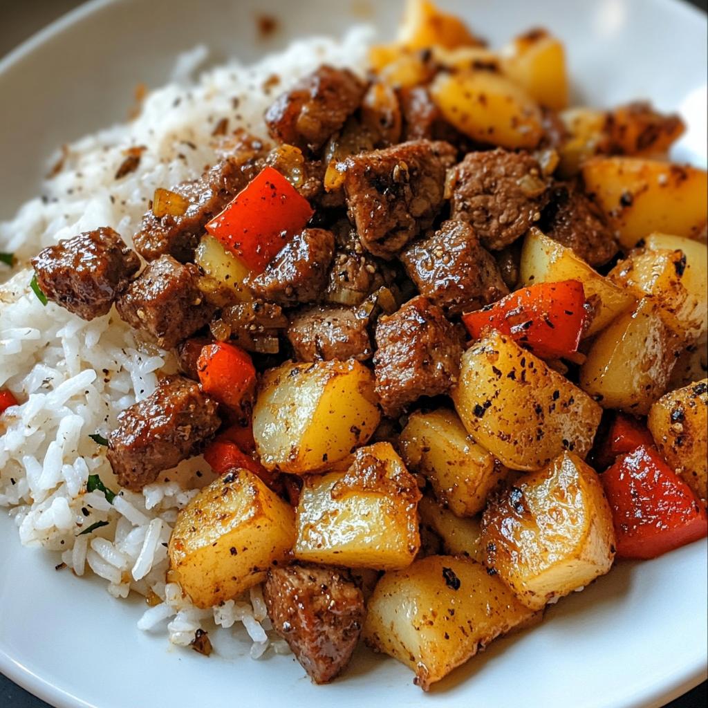 Gesunde Rindfleisch-Paprika-Reisschüssel mit knusprigen Kartoffelwürfeln