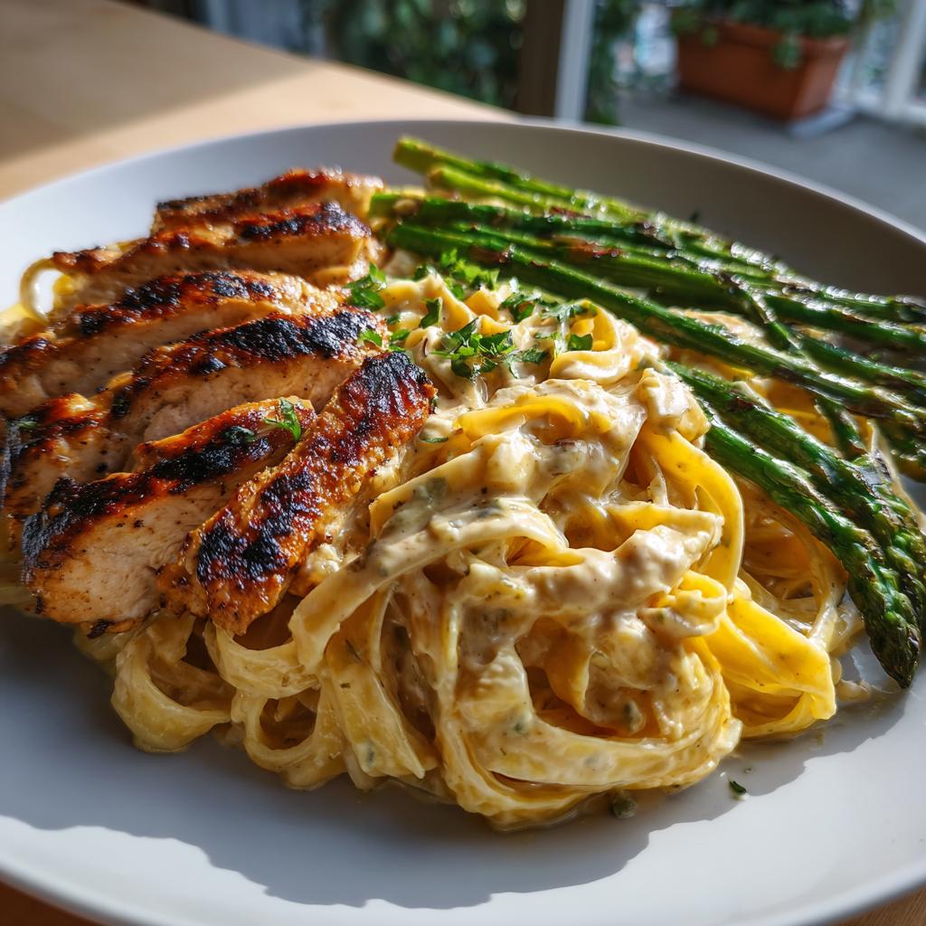 Hähnchen-Alfredo-Pasta mit gegrilltem Spargel