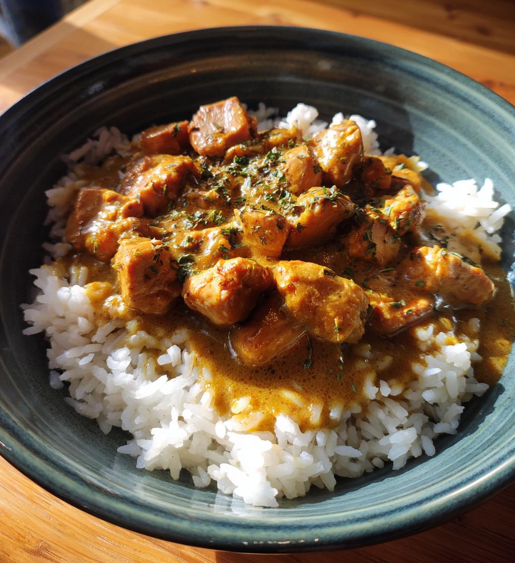 Hähnchen und Reis mit Currysauce