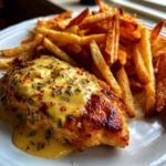 Hähnchenbrust mit Knoblauch-Parmesan-Soße und Pommes