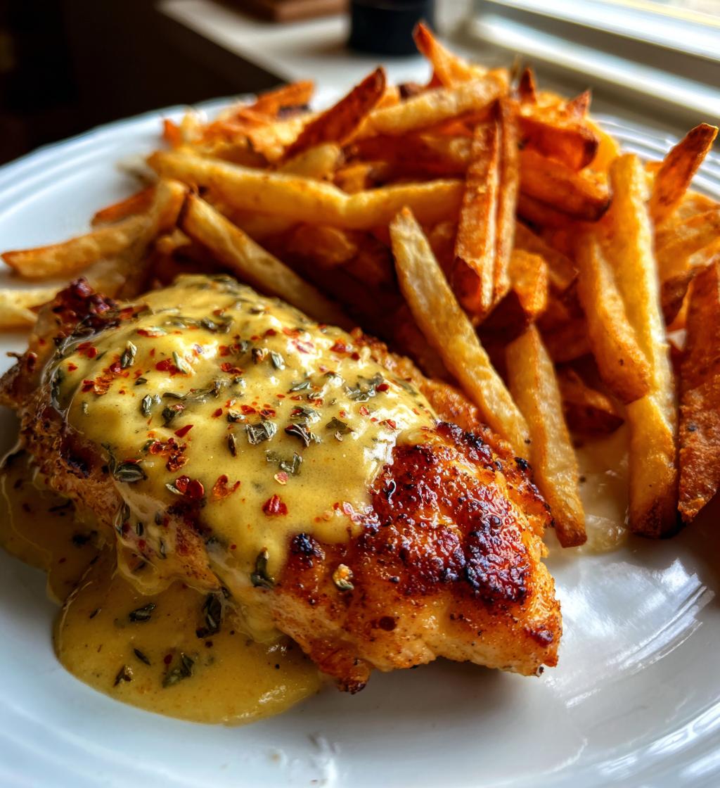Hähnchenbrust mit Knoblauch-Parmesan-Soße und Pommes