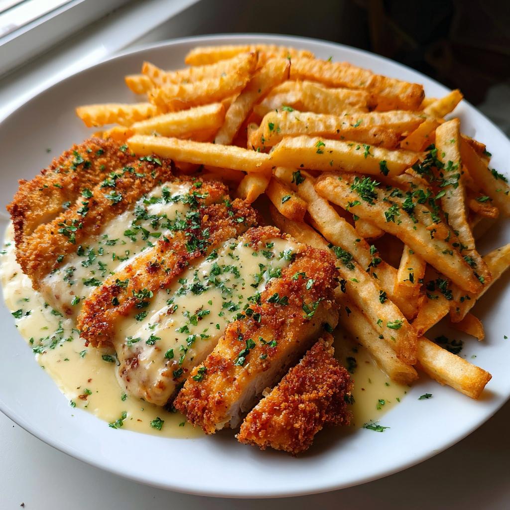 Hähnchenfilet in würziger, cremiger Knoblauch-Parmesan-Soße mit Pommes