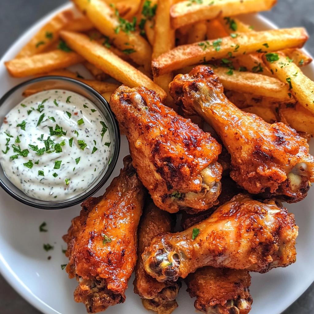 Hähnchenflügel mit Pommes frites und Dip