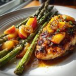 Jalapeño-Pfirsich-Hähnchen mit gegrilltem Parmesan-Spargel