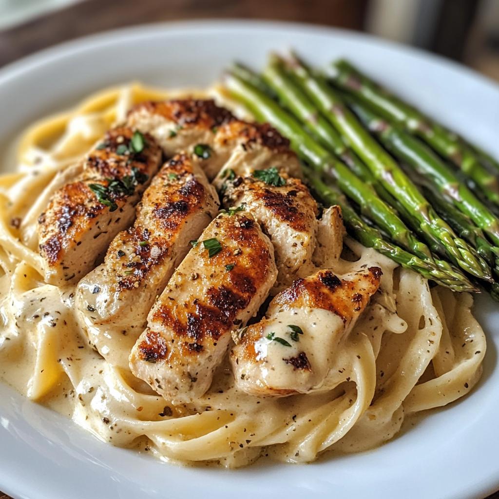 Klassisches Chicken Alfredo mit gegrilltem Spargel