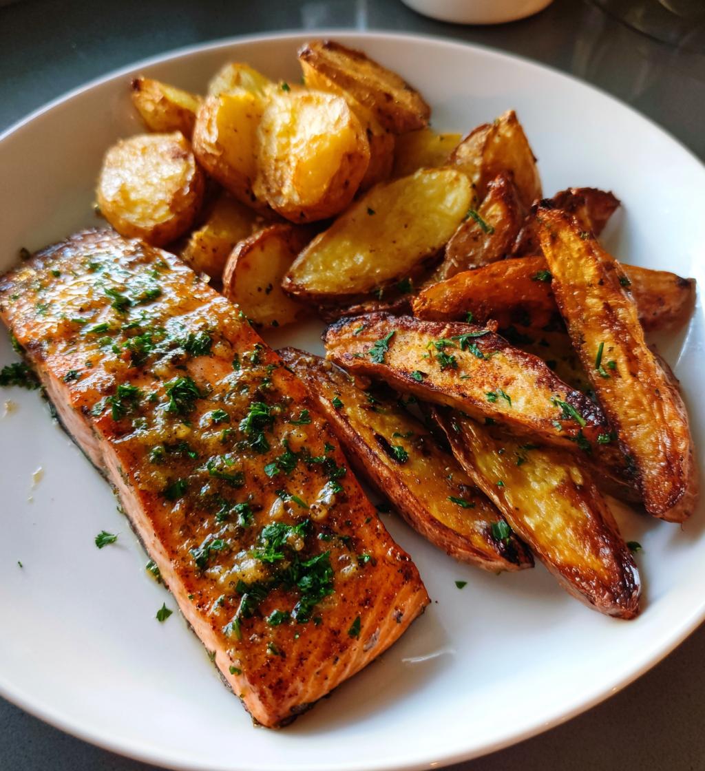 Knoblauchbutter-Lachs mit Ofenkartoffeln