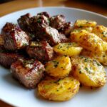 Knoblauchbutter-Steakbissen mit knusprigen Kartoffeln