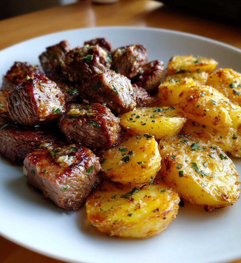 Knoblauchbutter-Steakbissen mit knusprigen Kartoffeln