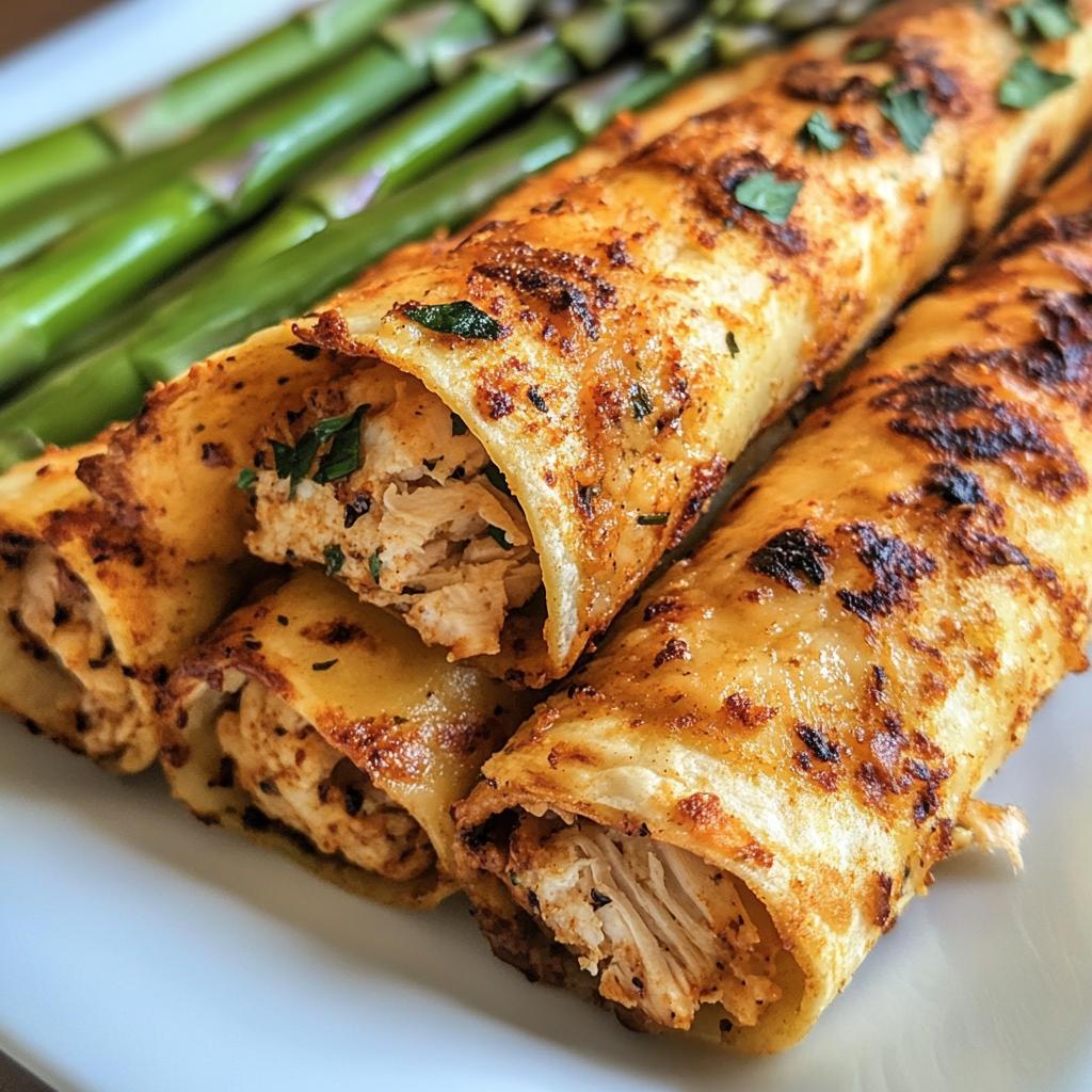 Knusprige im Ofen gebackene Hähnchen-Taquitos mit gegrilltem Spargel