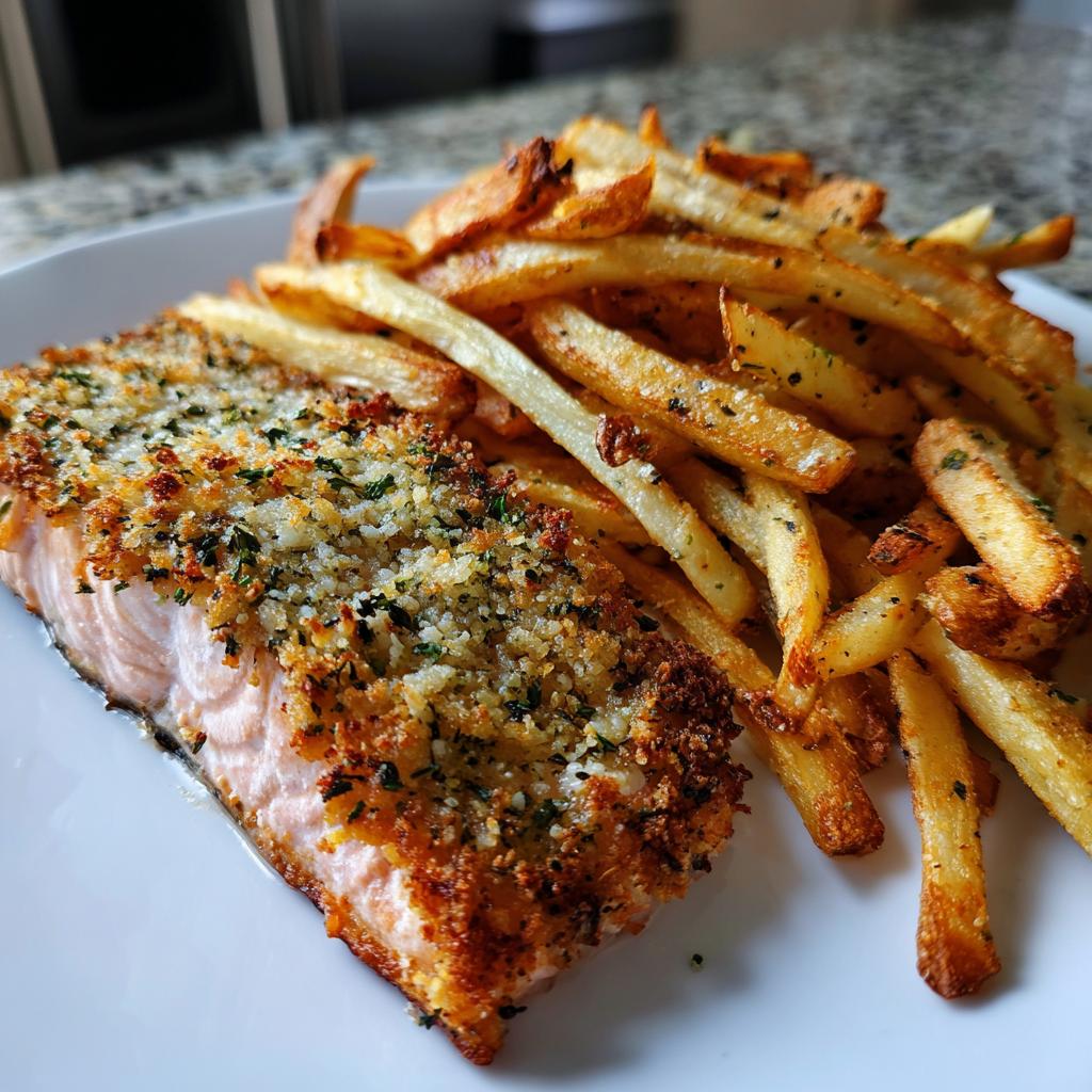 Kräuterkrusten-Lachs mit knusprigen Parmesan-Pommes