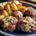 Käsegefüllte Hackbällchen mit gerösteten Kartoffeln