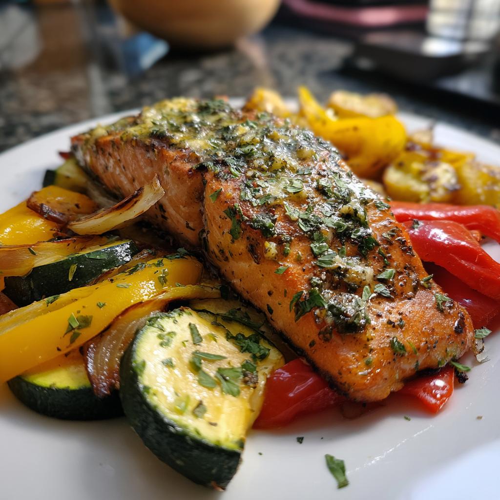 Lachs mit Kräuterbutter und Ofengemüse