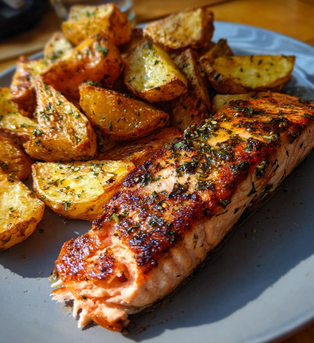 Lachsfilet mit Zitronen-Kräuterbutter und Ofenkartoffeln