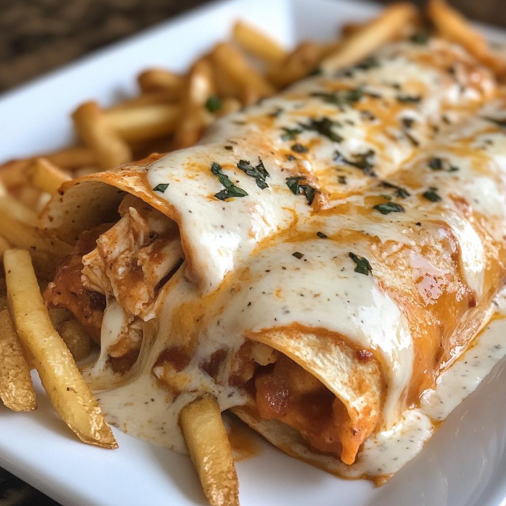 Proteinreiche Hähnchen-Enchiladas mit cremiger Weißsoße und Pommes