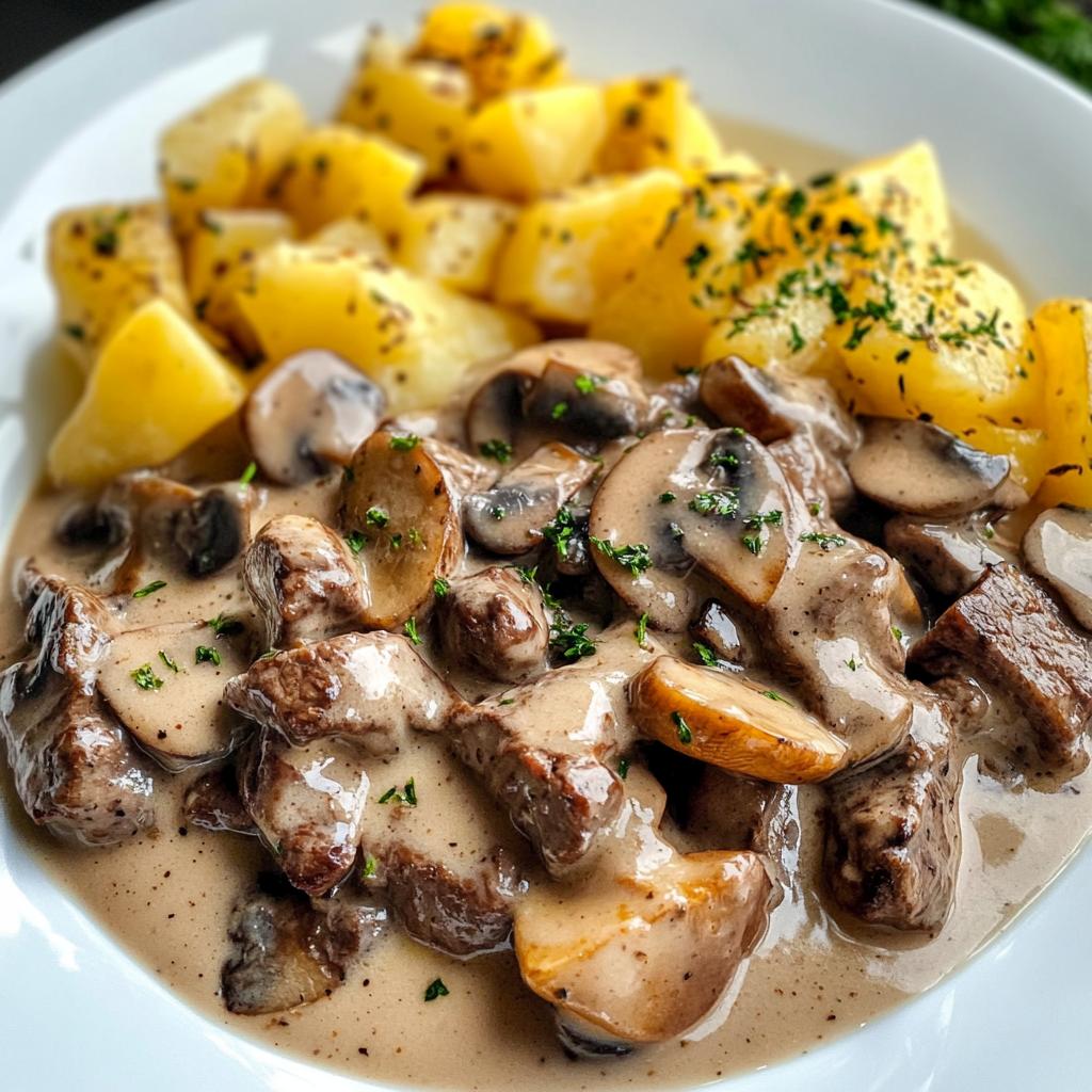Rindergeschnetzeltes Stroganoff mit Butterkartoffeln