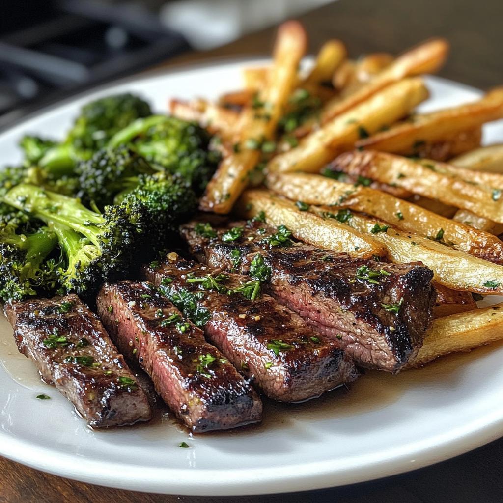 Rindfleisch mit Brokkoli und knusprigen Pommes