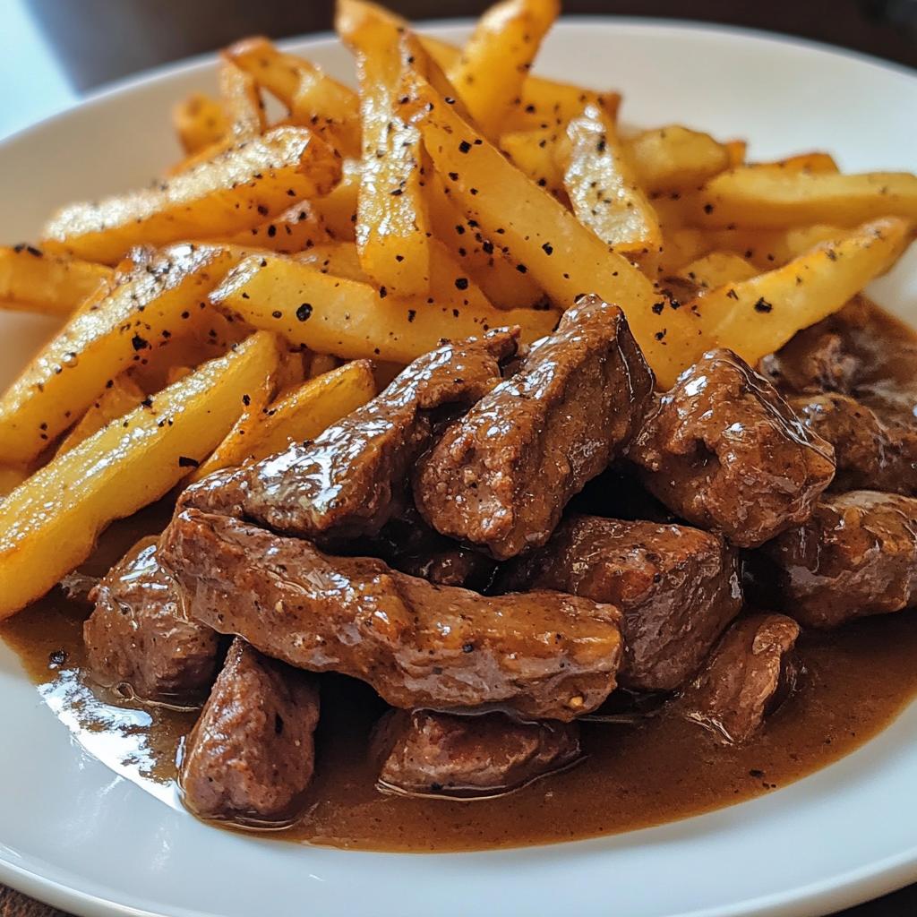 Rindfleischspitzen mit Soße und Pommes frites
