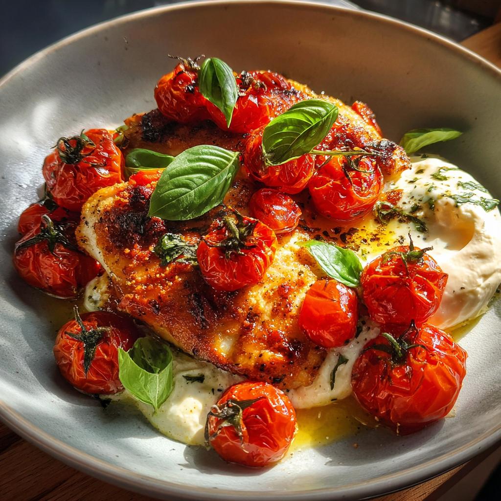 Saftige Hähnchenfilets mit Ofentomaten und cremiger Burrata