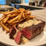 Saftiges Steak mit cremiger Knoblauchsauce und knusprigen Pommes