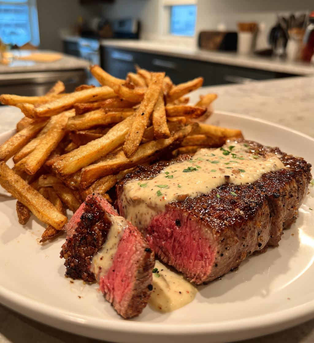 Saftiges Steak mit cremiger Knoblauchsauce und knusprigen Pommes