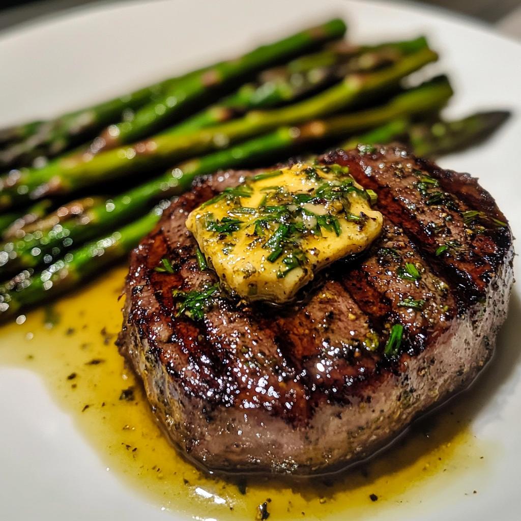 Steak mit Kräuterbutter und gegrilltem Spargel