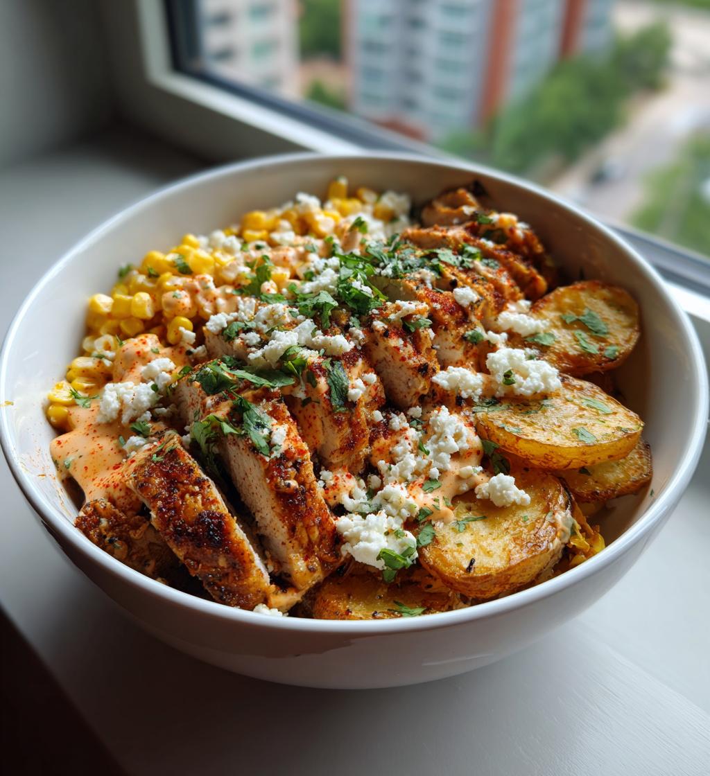 Street Corn Chicken Bowl mit knusprigen Kartoffelscheiben