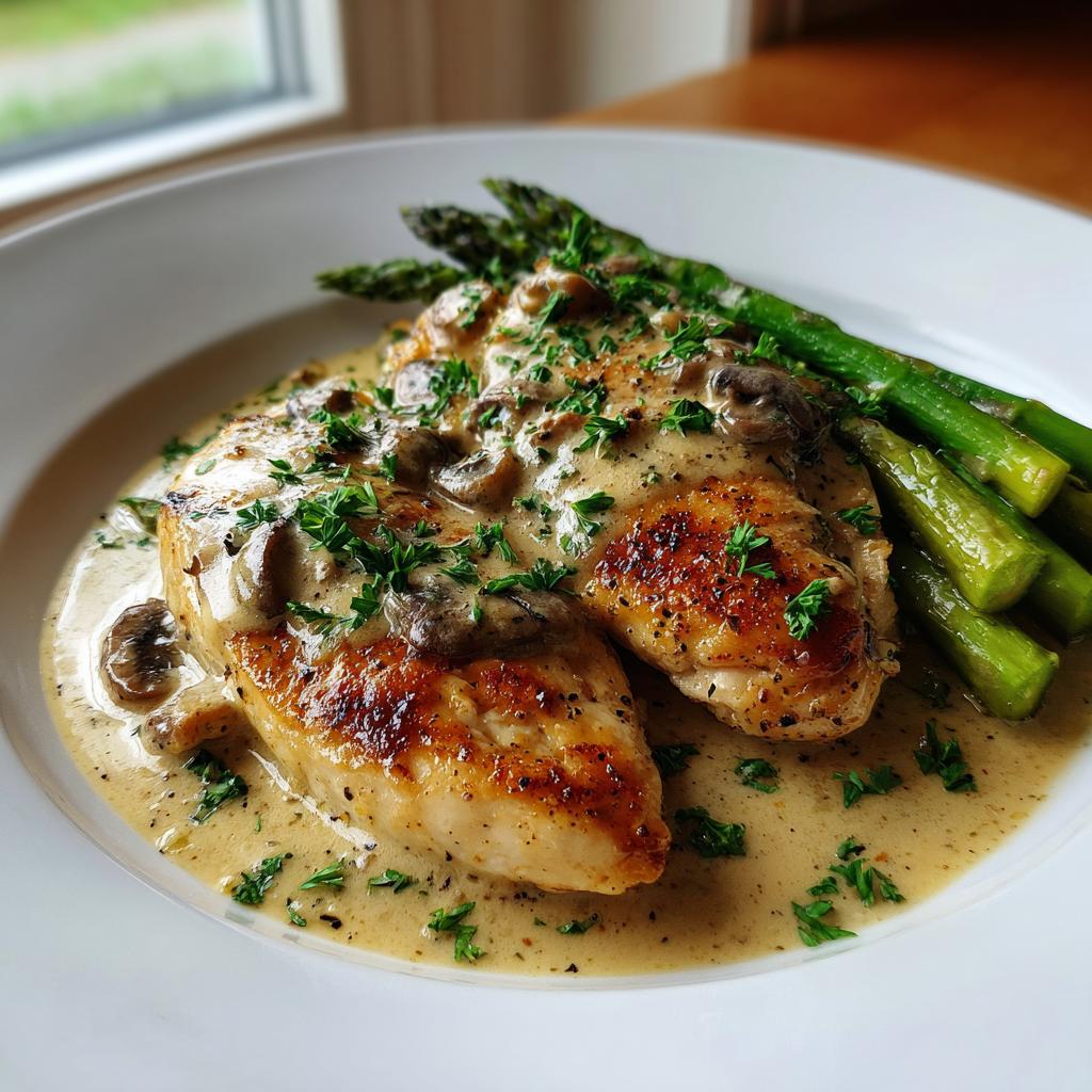 Zartes Hähnchen in cremiger Pilzrahmsoße mit Spargel
