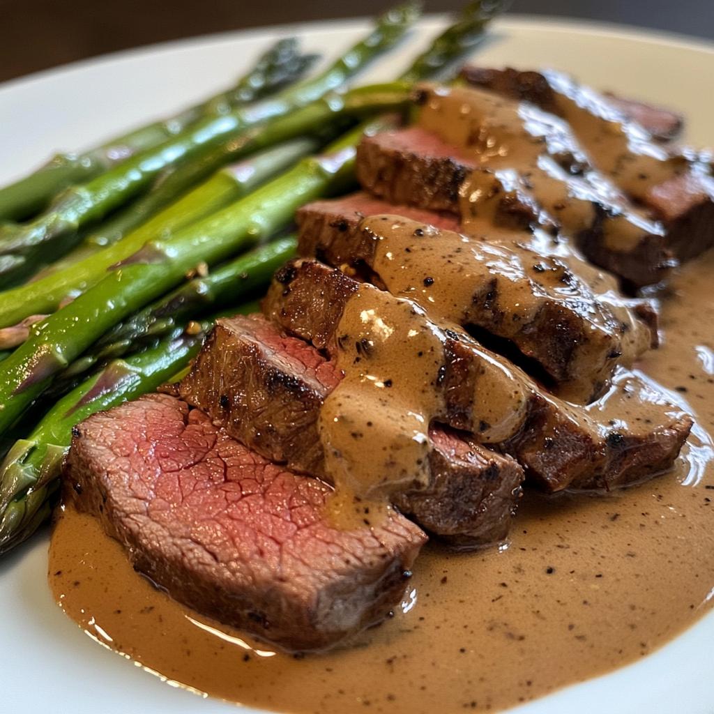 Zartes Rindfleisch mit cremiger Pfeffersoße und Spargel