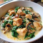 Cremige Hähnchenpfanne mit Spinat und Champignons.