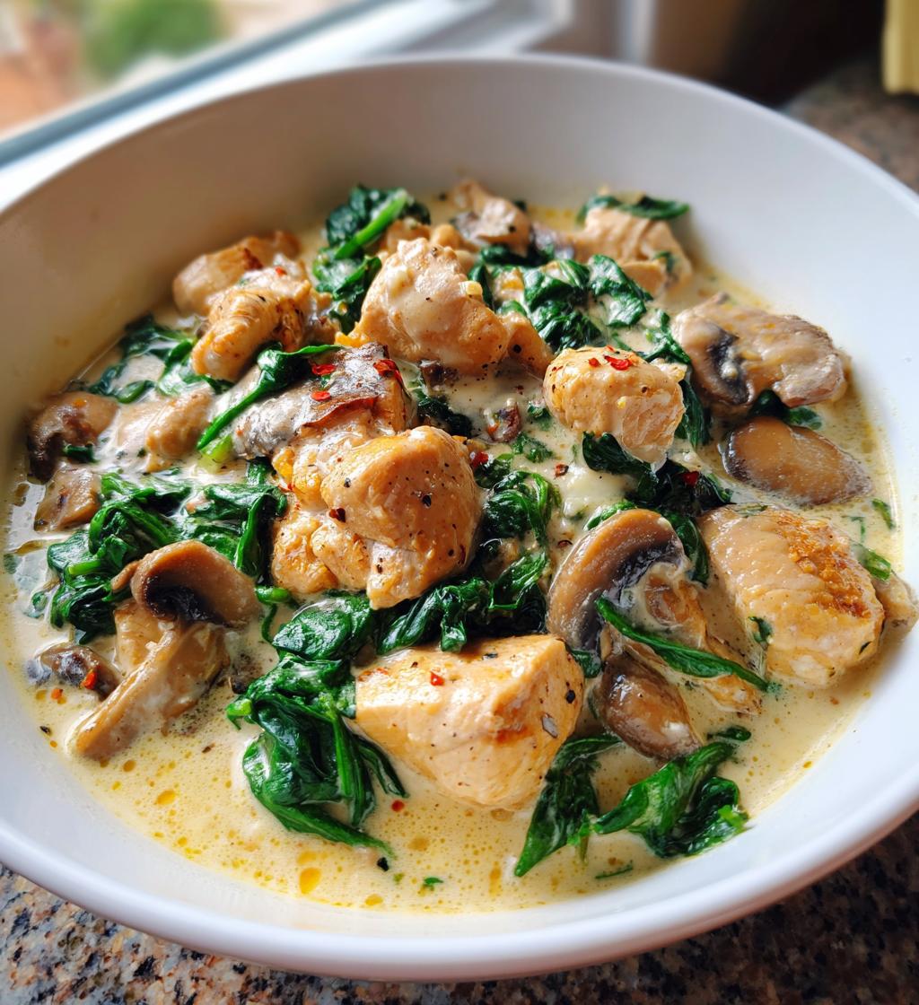 Cremige Hähnchenpfanne mit Spinat und Champignons.