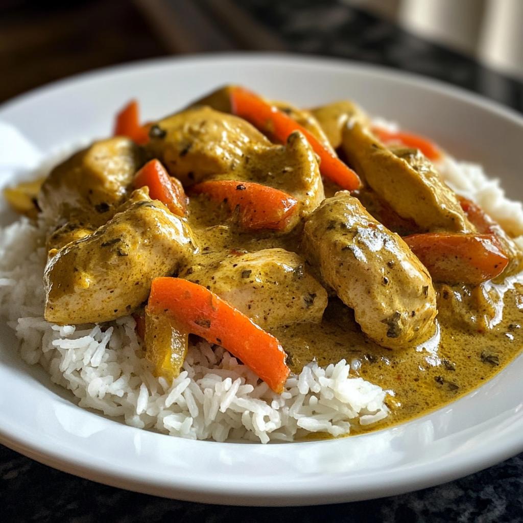 Cremiges Curry-Hähnchen mit Basmatireis und gebratenem Gemüse.