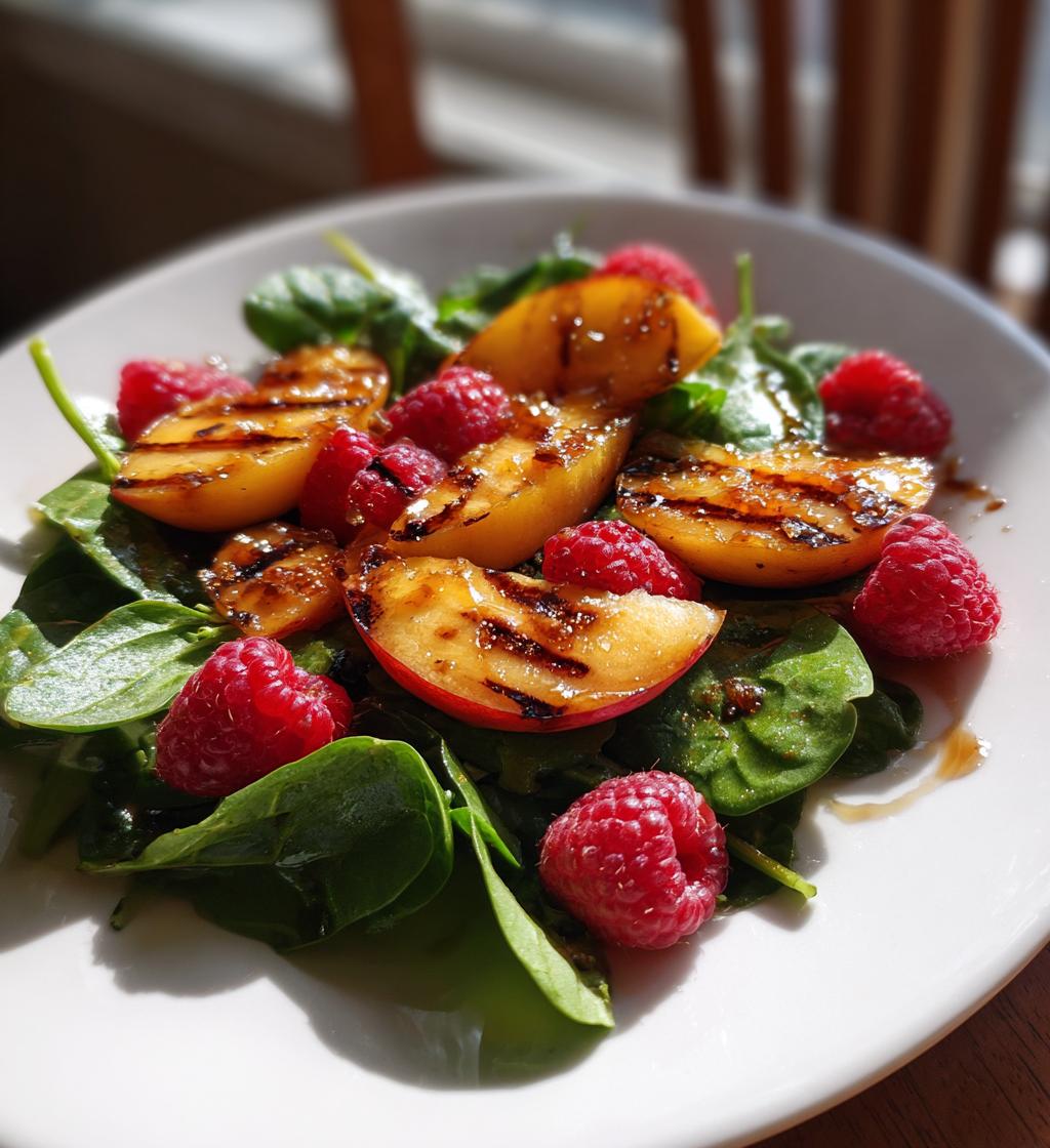 Gegrillter Pfirsichsalat mit Spinat und Himbeeren