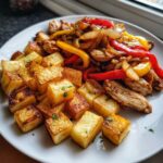 Gegrilltes Hähnchen mit Paprika und Zwiebeln, dazu gebratene Kartoffelwürfel.