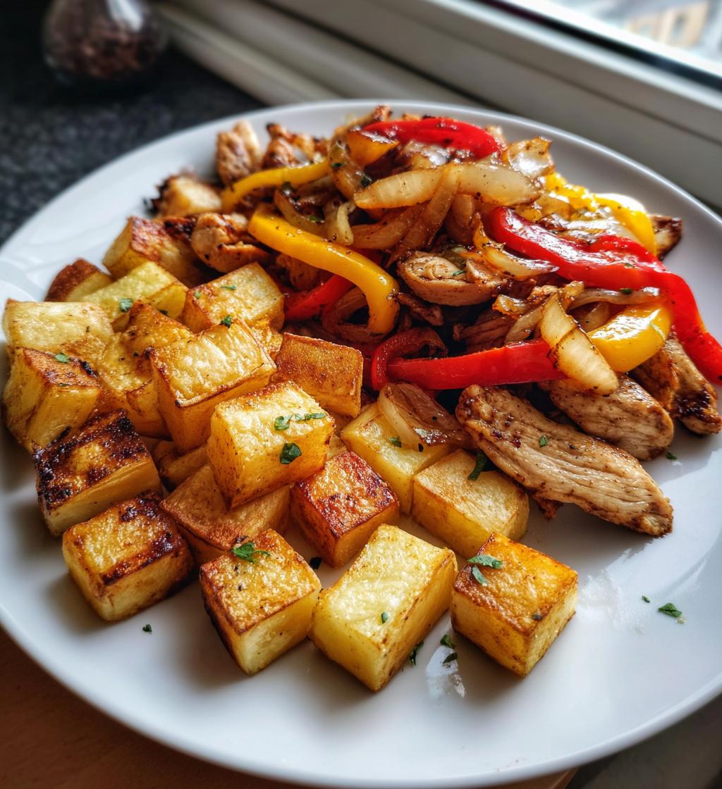 Gegrilltes Hähnchen mit Paprika und Zwiebeln, dazu gebratene Kartoffelwürfel.