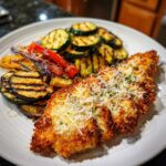 Hähnchen-Parmesan gebraten, serviert mit gegrilltem Parmesan-Gemüse.