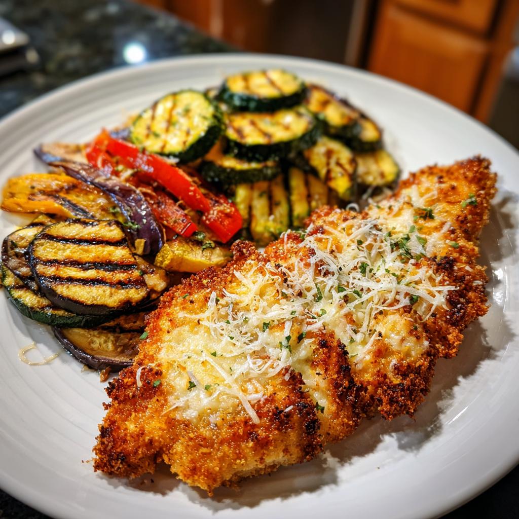 Hähnchen-Parmesan gebraten, serviert mit gegrilltem Parmesan-Gemüse.